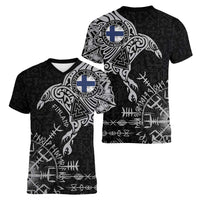 Finland Viking Ravens Women V-Neck T-Shirt Vegvisir Runes Pattern - Wonder Print Shop