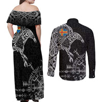 Aland Viking Ravens Couples Matching Off Shoulder Maxi Dress and Long Sleeve Button Shirt Vegvisir Runes Pattern - Wonder Print Shop