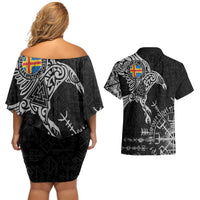 Aland Viking Ravens Couples Matching Off Shoulder Short Dress and Hawaiian Shirt Vegvisir Runes Pattern - Wonder Print Shop