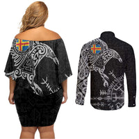 Aland Viking Ravens Couples Matching Off Shoulder Short Dress and Long Sleeve Button Shirt Vegvisir Runes Pattern - Wonder Print Shop