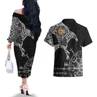 Aland Viking Ravens Couples Matching Off The Shoulder Long Sleeve Dress and Hawaiian Shirt Vegvisir Runes Pattern - Wonder Print Shop
