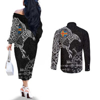 Aland Viking Ravens Couples Matching Off The Shoulder Long Sleeve Dress and Long Sleeve Button Shirt Vegvisir Runes Pattern - Wonder Print Shop