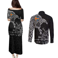 Aland Viking Ravens Couples Matching Puletasi and Long Sleeve Button Shirt Vegvisir Runes Pattern - Wonder Print Shop