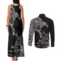 Aland Viking Ravens Couples Matching Tank Maxi Dress and Long Sleeve Button Shirt Vegvisir Runes Pattern - Wonder Print Shop