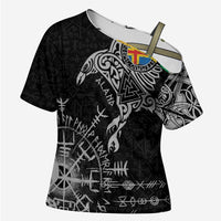Aland Viking Ravens Cross Shoulder Shirt Vegvisir Runes Pattern - Wonder Print Shop