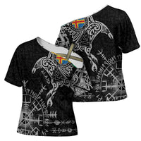 Aland Viking Ravens Cross Shoulder Shirt Vegvisir Runes Pattern - Wonder Print Shop