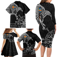 Aland Viking Ravens Family Matching Long Sleeve Bodycon Dress and Hawaiian Shirt Vegvisir Runes Pattern - Wonder Print Shop