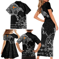 Aland Viking Ravens Family Matching Short Sleeve Bodycon Dress and Hawaiian Shirt Vegvisir Runes Pattern - Wonder Print Shop