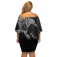 Aland Viking Ravens Off Shoulder Short Dress Vegvisir Runes Pattern - Wonder Print Shop