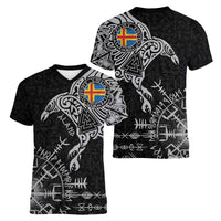 Aland Viking Ravens Women V-Neck T-Shirt Vegvisir Runes Pattern - Wonder Print Shop