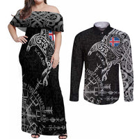 Iceland Viking Ravens Couples Matching Off Shoulder Maxi Dress and Long Sleeve Button Shirt Vegvisir Runes Pattern - Wonder Print Shop