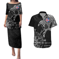 Iceland Viking Ravens Couples Matching Puletasi and Hawaiian Shirt Vegvisir Runes Pattern - Wonder Print Shop