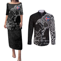 Iceland Viking Ravens Couples Matching Puletasi and Long Sleeve Button Shirt Vegvisir Runes Pattern - Wonder Print Shop