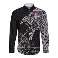 Iceland Viking Ravens Long Sleeve Button Shirt Vegvisir Runes Pattern - Wonder Print Shop