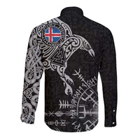 Iceland Viking Ravens Long Sleeve Button Shirt Vegvisir Runes Pattern - Wonder Print Shop