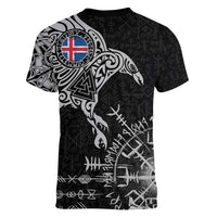 Iceland Viking Ravens Women V-Neck T-Shirt Vegvisir Runes Pattern - Wonder Print Shop