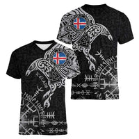 Iceland Viking Ravens Women V-Neck T-Shirt Vegvisir Runes Pattern - Wonder Print Shop