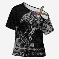 Faroe Islands Viking Ravens Cross Shoulder Shirt Vegvisir Runes Pattern - Wonder Print Shop
