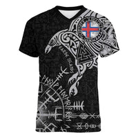 Faroe Islands Viking Ravens Women V-Neck T-Shirt Vegvisir Runes Pattern - Wonder Print Shop