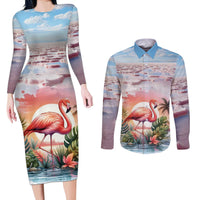 Personalized Bonaire Caribbean Flamingo Couples Matching Long Sleeve Bodycon Dress and Long Sleeve Button Shirt Pink Salt Flats - Wonder Print Shop