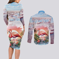 Personalized Bonaire Caribbean Flamingo Couples Matching Long Sleeve Bodycon Dress and Long Sleeve Button Shirt Pink Salt Flats - Wonder Print Shop