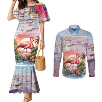 Personalized Bonaire Caribbean Flamingo Couples Matching Mermaid Dress and Long Sleeve Button Shirt Pink Salt Flats