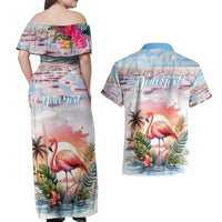 Personalized Bonaire Caribbean Flamingo Couples Matching Off Shoulder Maxi Dress and Hawaiian Shirt Pink Salt Flats - Wonder Print Shop
