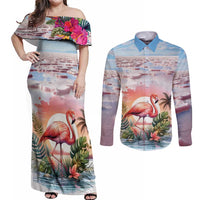 Personalized Bonaire Caribbean Flamingo Couples Matching Off Shoulder Maxi Dress and Long Sleeve Button Shirt Pink Salt Flats - Wonder Print Shop