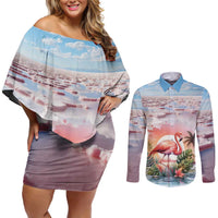 Personalized Bonaire Caribbean Flamingo Couples Matching Off Shoulder Short Dress and Long Sleeve Button Shirt Pink Salt Flats - Wonder Print Shop