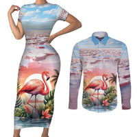 Personalized Bonaire Caribbean Flamingo Couples Matching Short Sleeve Bodycon Dress and Long Sleeve Button Shirt Pink Salt Flats - Wonder Print Shop