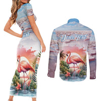 Personalized Bonaire Caribbean Flamingo Couples Matching Short Sleeve Bodycon Dress and Long Sleeve Button Shirt Pink Salt Flats - Wonder Print Shop