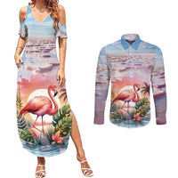 Personalized Bonaire Caribbean Flamingo Couples Matching Summer Maxi Dress and Long Sleeve Button Shirt Pink Salt Flats - Wonder Print Shop