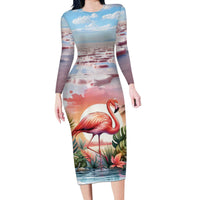 Personalized Bonaire Caribbean Flamingo Long Sleeve Bodycon Dress Pink Salt Flats - Wonder Print Shop