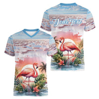 Personalized Bonaire Caribbean Flamingo Women V-Neck T-Shirt Pink Salt Flats - Wonder Print Shop