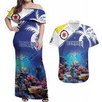 Personalized Bonaire Underwater Tropical Corals Reef Couples Matching Off Shoulder Maxi Dress and Hawaiian Shirt With Colorful Sea Fish - Wonder Print Shop