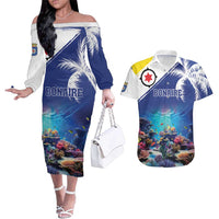Personalized Bonaire Underwater Tropical Corals Reef Couples Matching Off The Shoulder Long Sleeve Dress and Hawaiian Shirt With Colorful Sea Fish - Wonder Print Shop