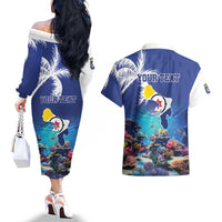 Personalized Bonaire Underwater Tropical Corals Reef Couples Matching Off The Shoulder Long Sleeve Dress and Hawaiian Shirt With Colorful Sea Fish - Wonder Print Shop