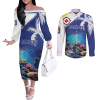 Personalized Bonaire Underwater Tropical Corals Reef Couples Matching Off The Shoulder Long Sleeve Dress and Long Sleeve Button Shirt With Colorful Sea Fish