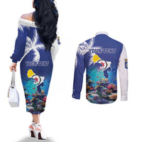 Personalized Bonaire Underwater Tropical Corals Reef Couples Matching Off The Shoulder Long Sleeve Dress and Long Sleeve Button Shirt With Colorful Sea Fish