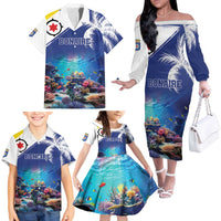 Personalized Bonaire Underwater Tropical Corals Reef Family Matching Off The Shoulder Long Sleeve Dress and Hawaiian Shirt With Colorful Sea Fish - Wonder Print Shop