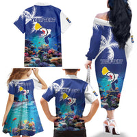 Personalized Bonaire Underwater Tropical Corals Reef Family Matching Off The Shoulder Long Sleeve Dress and Hawaiian Shirt With Colorful Sea Fish - Wonder Print Shop
