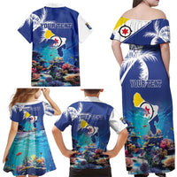 Personalized Bonaire Underwater Tropical Corals Reef Family Matching Off Shoulder Maxi Dress and Hawaiian Shirt With Colorful Sea Fish - Wonder Print Shop