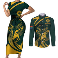 Personalized South Africa Springbok Couples Matching Short Sleeve Bodycon Dress and Long Sleeve Button Shirt With Trendy Protea Flowers Patterns - Wonder Print Shop