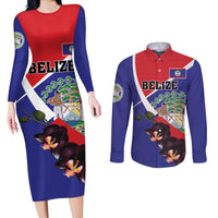 Personalized Belize Coat Of Arms Couples Matching Long Sleeve Bodycon Dress and Long Sleeve Button Shirt With Black Orchid Flowers - Wonder Print Shop