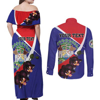 Personalized Belize Coat Of Arms Couples Matching Off Shoulder Maxi Dress and Long Sleeve Button Shirt With Black Orchid Flowers - Wonder Print Shop
