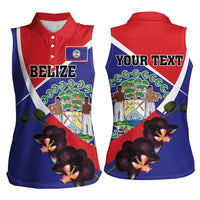 Personalized Belize Coat Of Arms Women Sleeveless Polo Shirt With Black Orchid Flowers - Wonder Print Shop