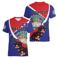 Personalized Belize Coat Of Arms Women V-Neck T-Shirt With Black Orchid Flowers - Wonder Print Shop