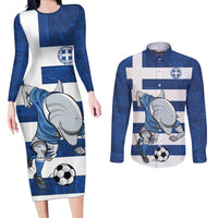 Greece Football Couples Matching Long Sleeve Bodycon Dress and Long Sleeve Button Shirt Dolphin Mascot Grunge Style - Wonder Print Shop