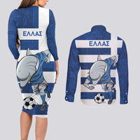 Greece Football Couples Matching Long Sleeve Bodycon Dress and Long Sleeve Button Shirt Dolphin Mascot Grunge Style - Wonder Print Shop