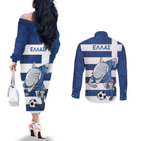 Greece Football Couples Matching Off The Shoulder Long Sleeve Dress and Long Sleeve Button Shirt Dolphin Mascot Grunge Style - Wonder Print Shop